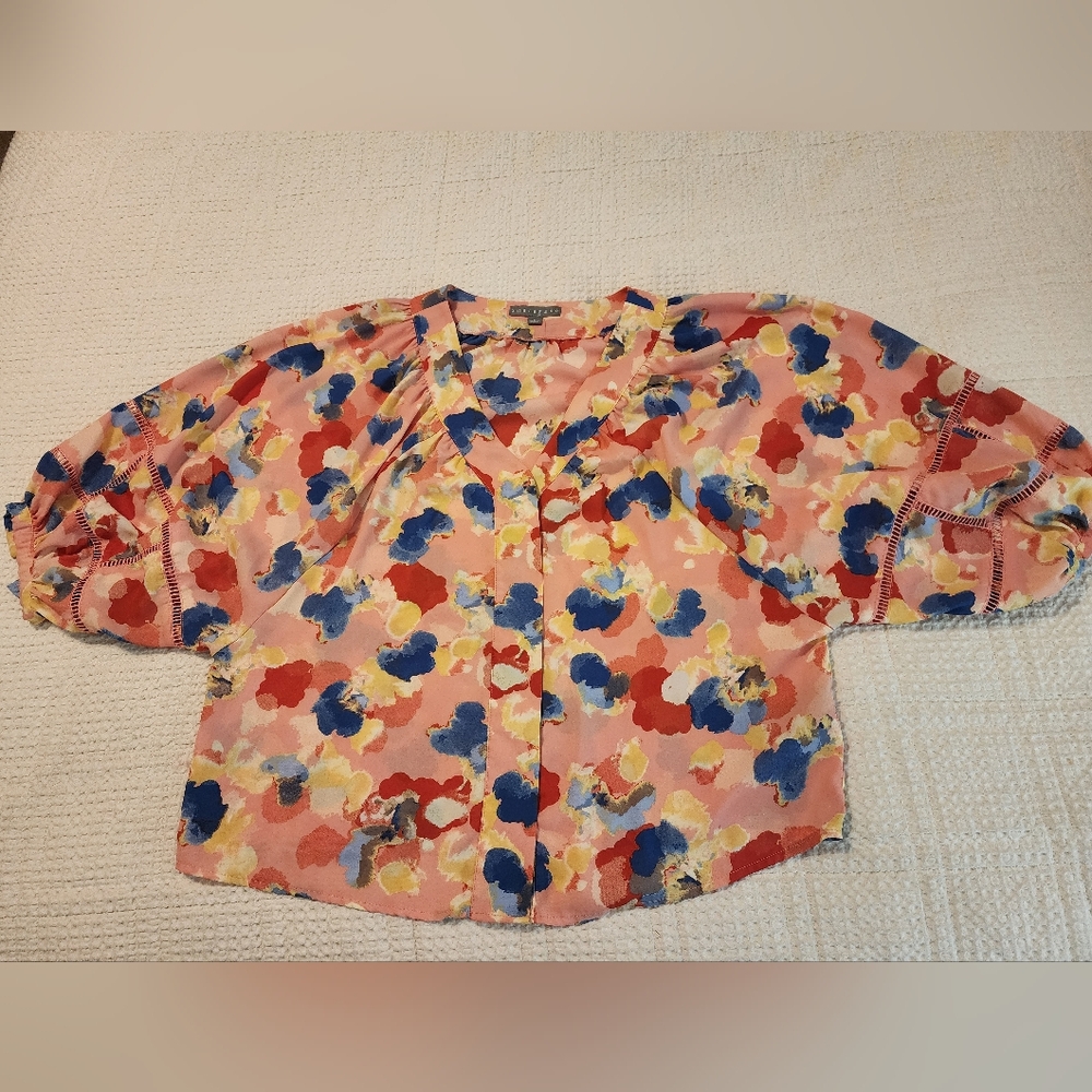 Sharagano Women's Colorful Floral Print Puff Sleeve Button Up Blouse XL Summer